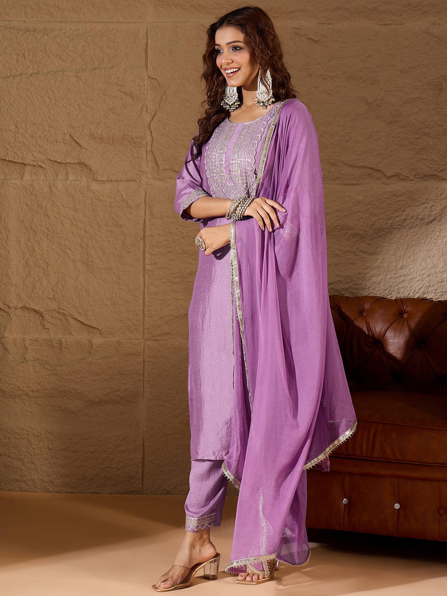 Kabita Lavender Silk Blend Yoke Design Kurta and Trousers Pant Set
