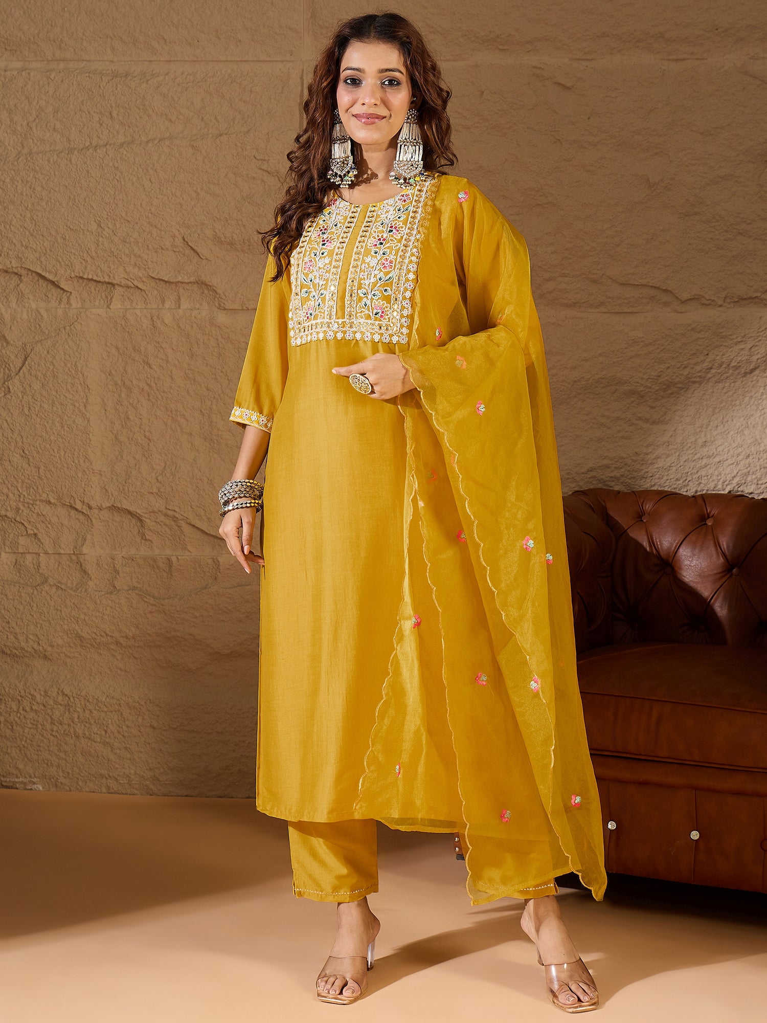 Yellow Silk Blend Dori Embroidered Kurta Set