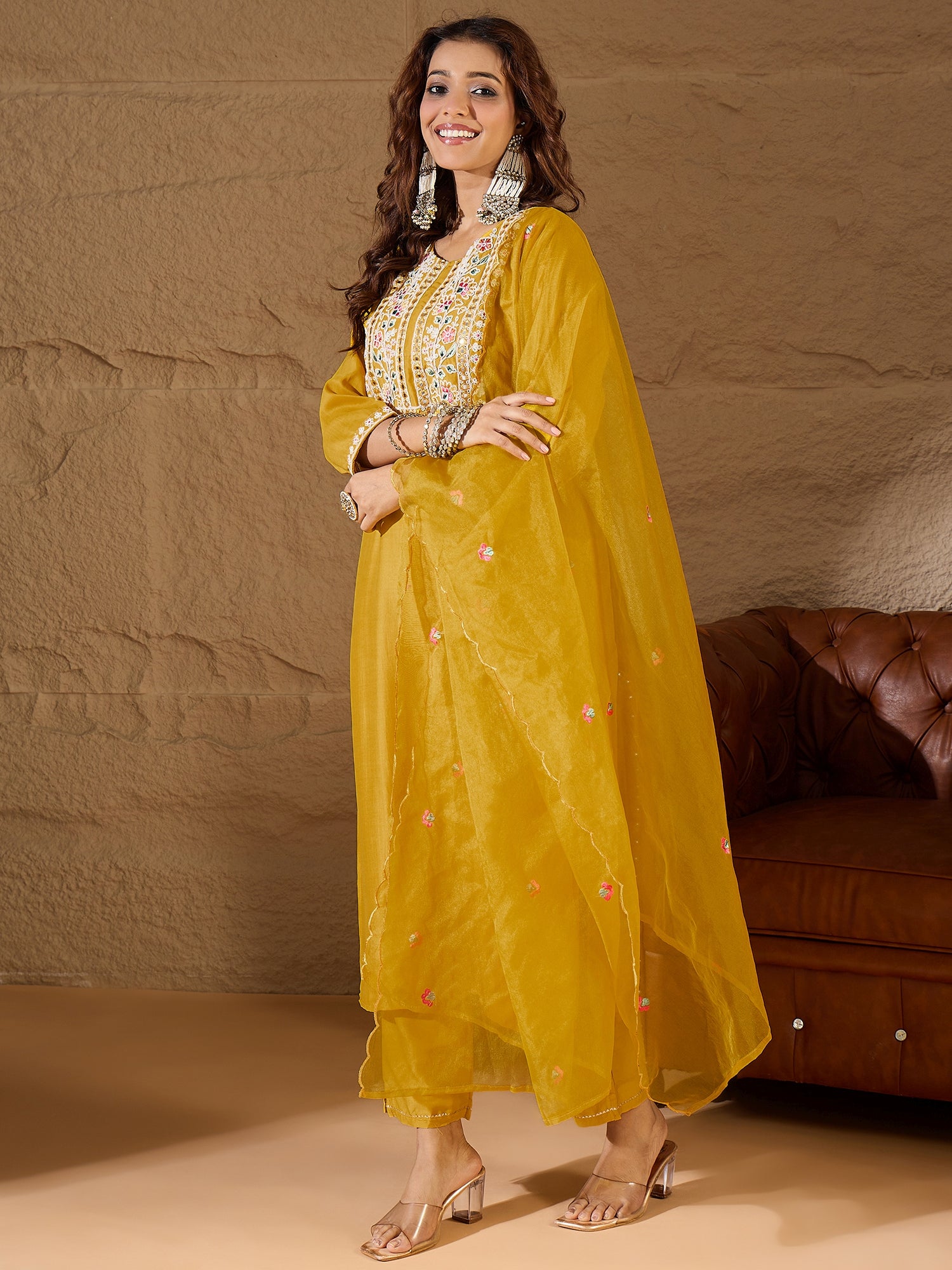 Yellow Silk Blend Dori Embroidered Kurta Set
