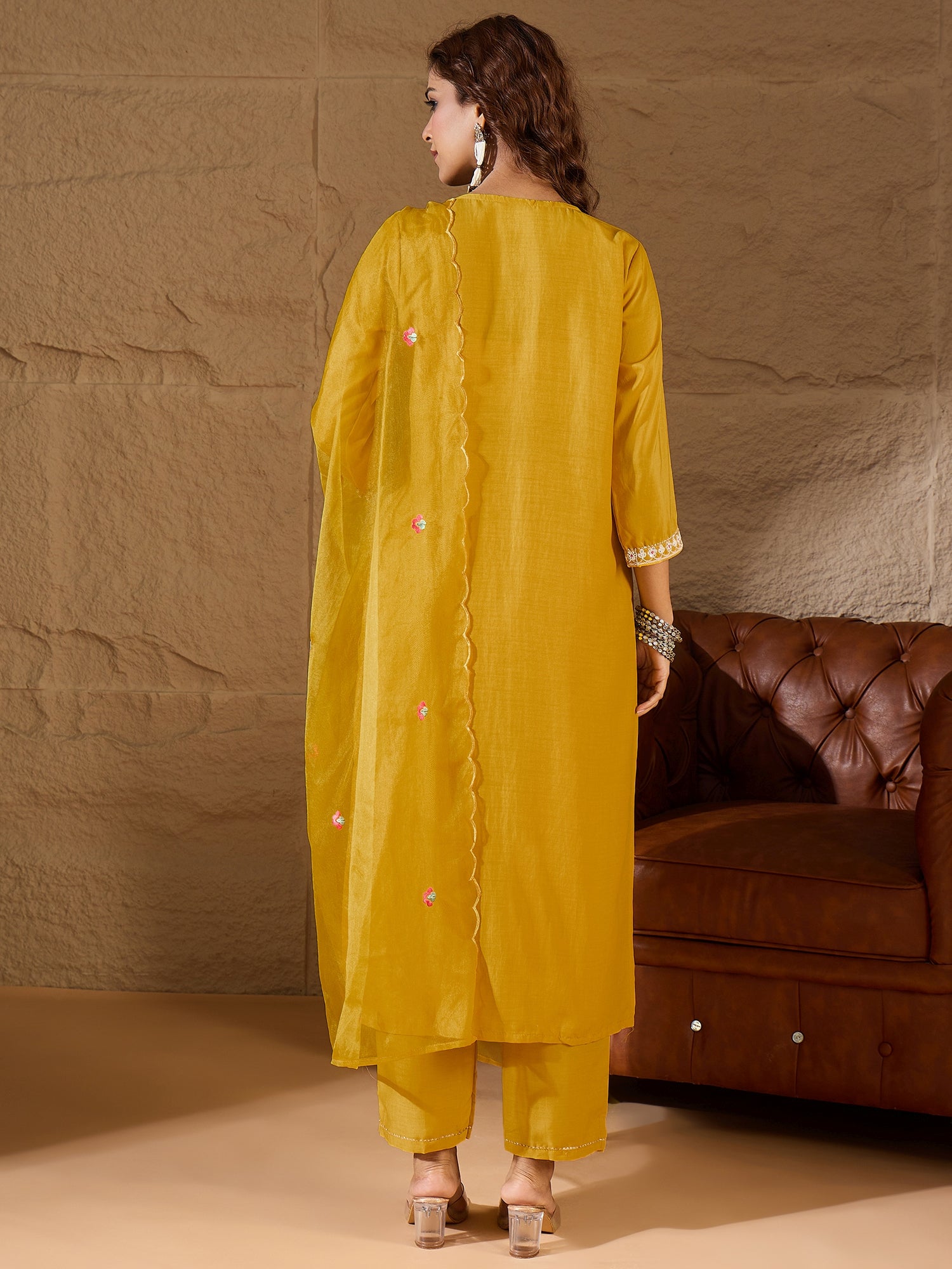 Yellow Silk Blend Dori Embroidered Kurta Set