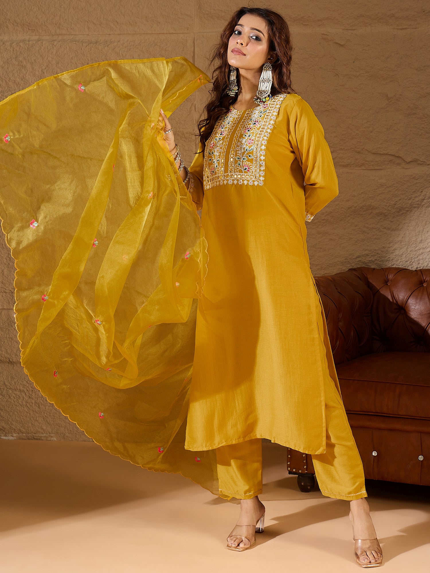 Yellow Silk Blend Dori Embroidered Kurta Set