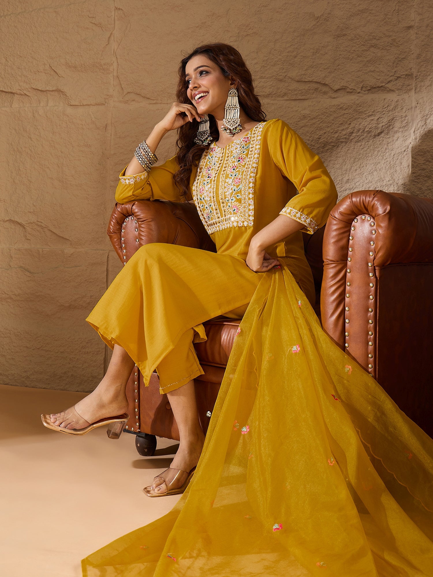 Yellow Silk Blend Dori Embroidered Kurta Set