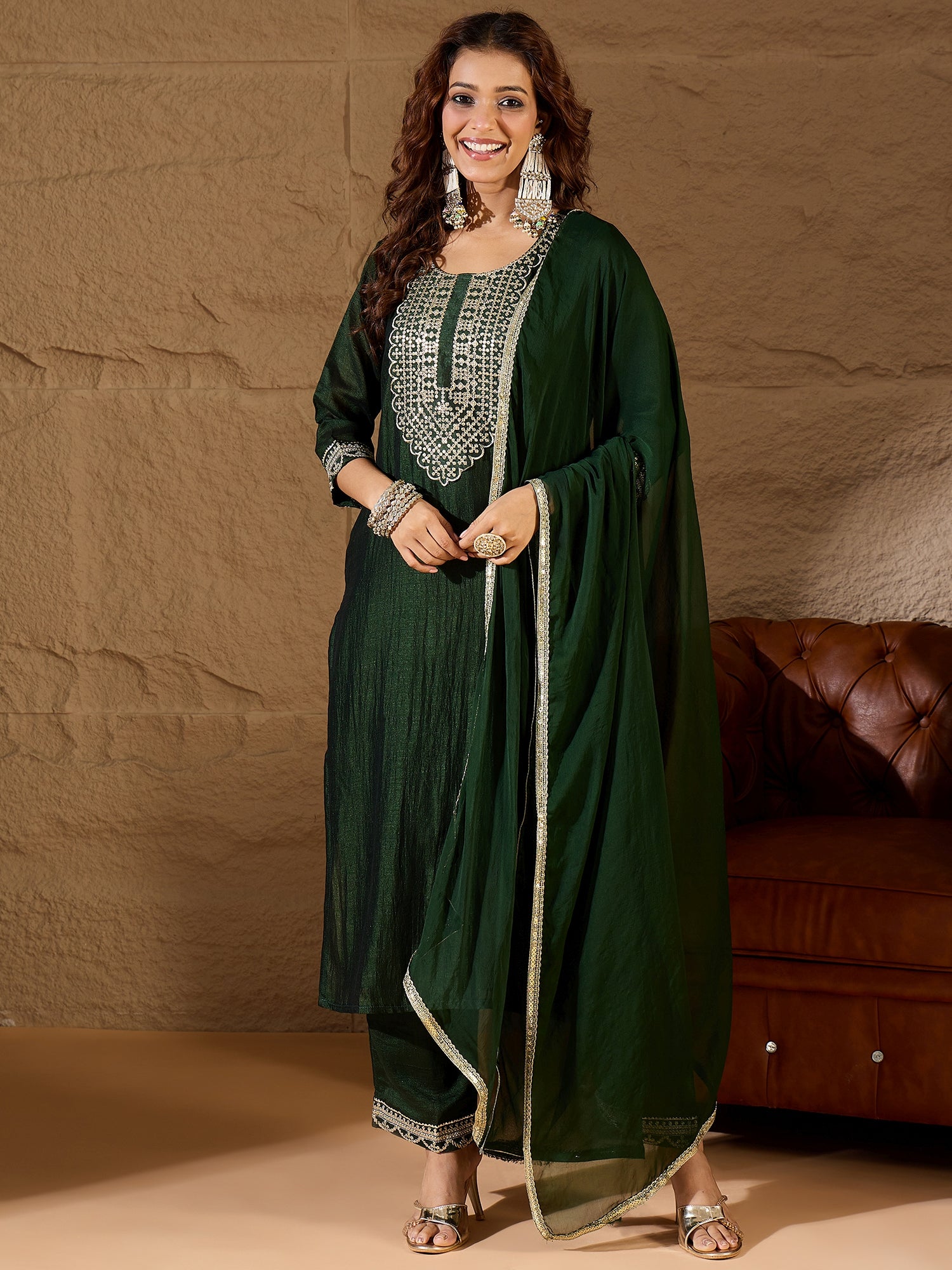 VredeVogel Green Silk Blend Yoke Design Kurta and Trousers Pant Set