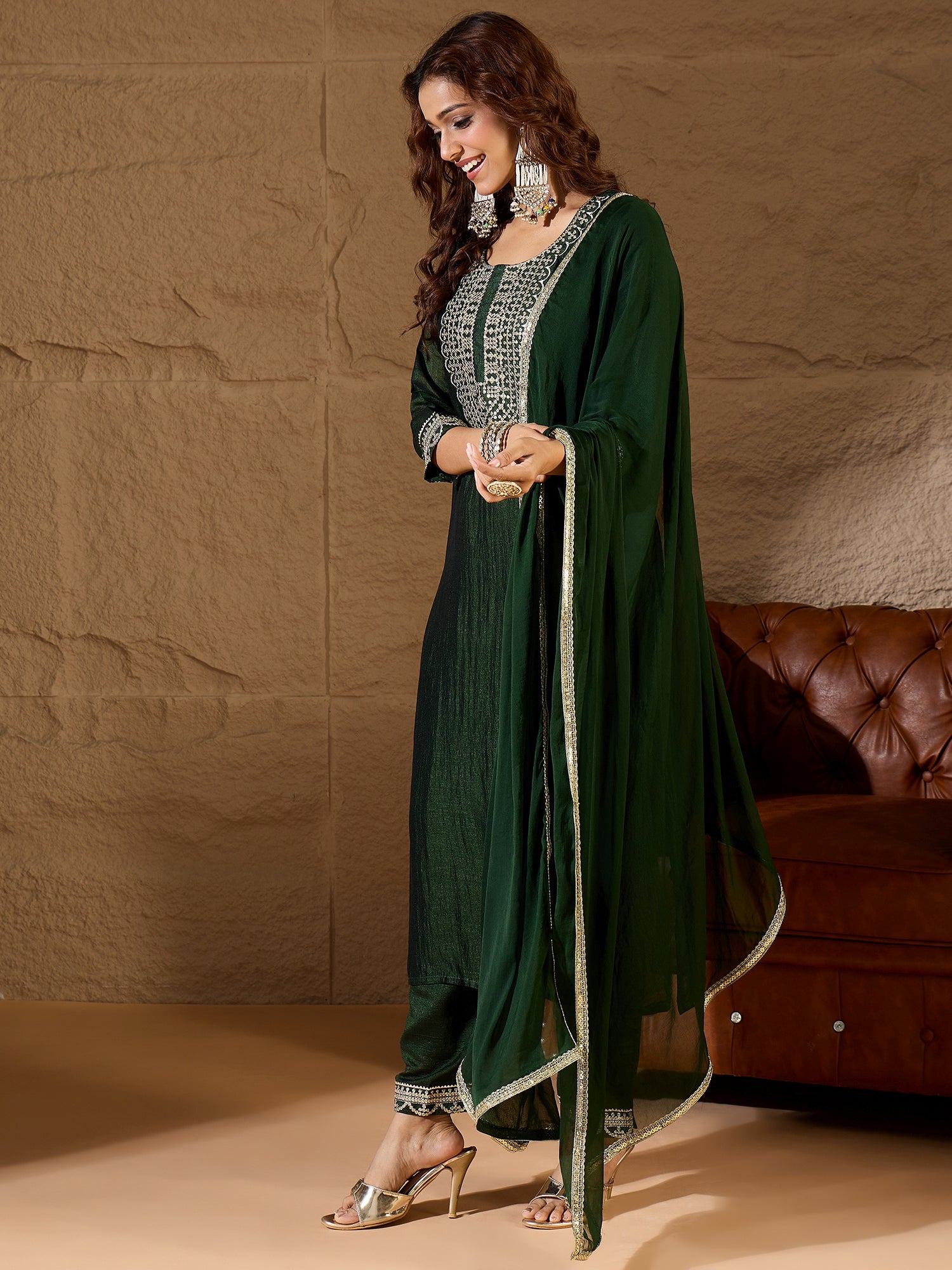 VredeVogel Green Silk Blend Yoke Design Kurta and Trousers Pant Set