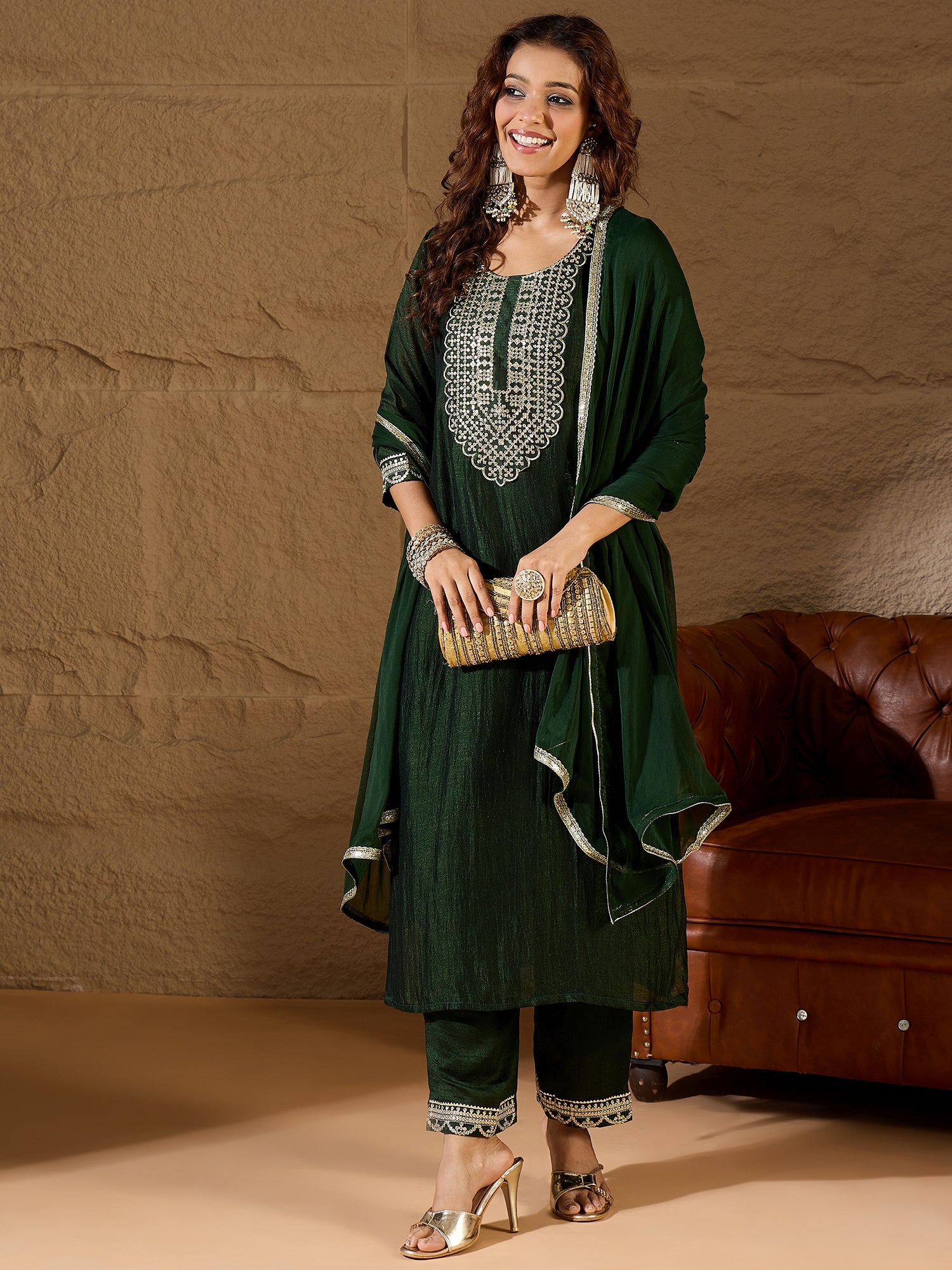 VredeVogel Green Silk Blend Yoke Design Kurta and Trousers Pant Set