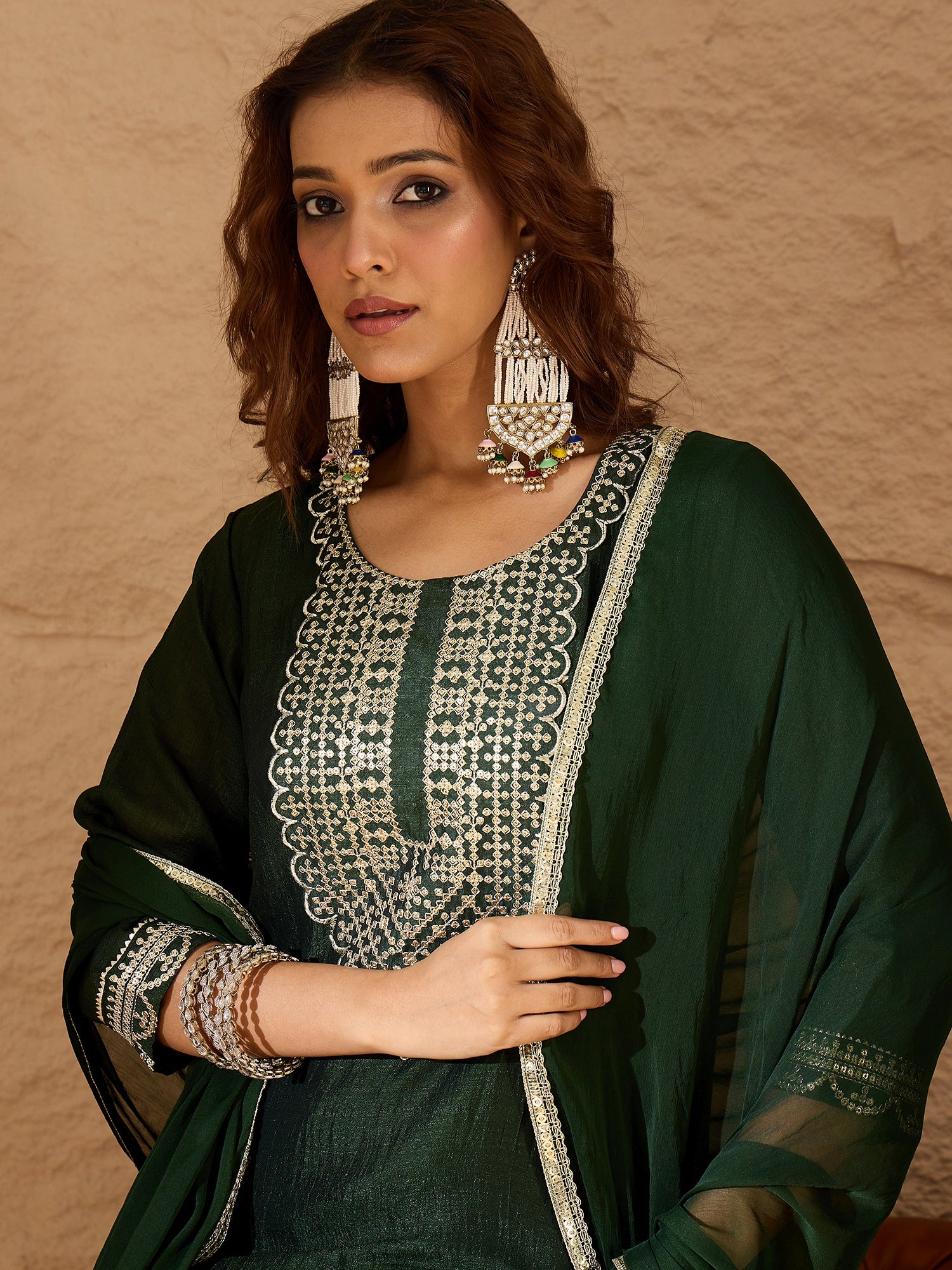 VredeVogel Green Silk Blend Yoke Design Kurta and Trousers Pant Set