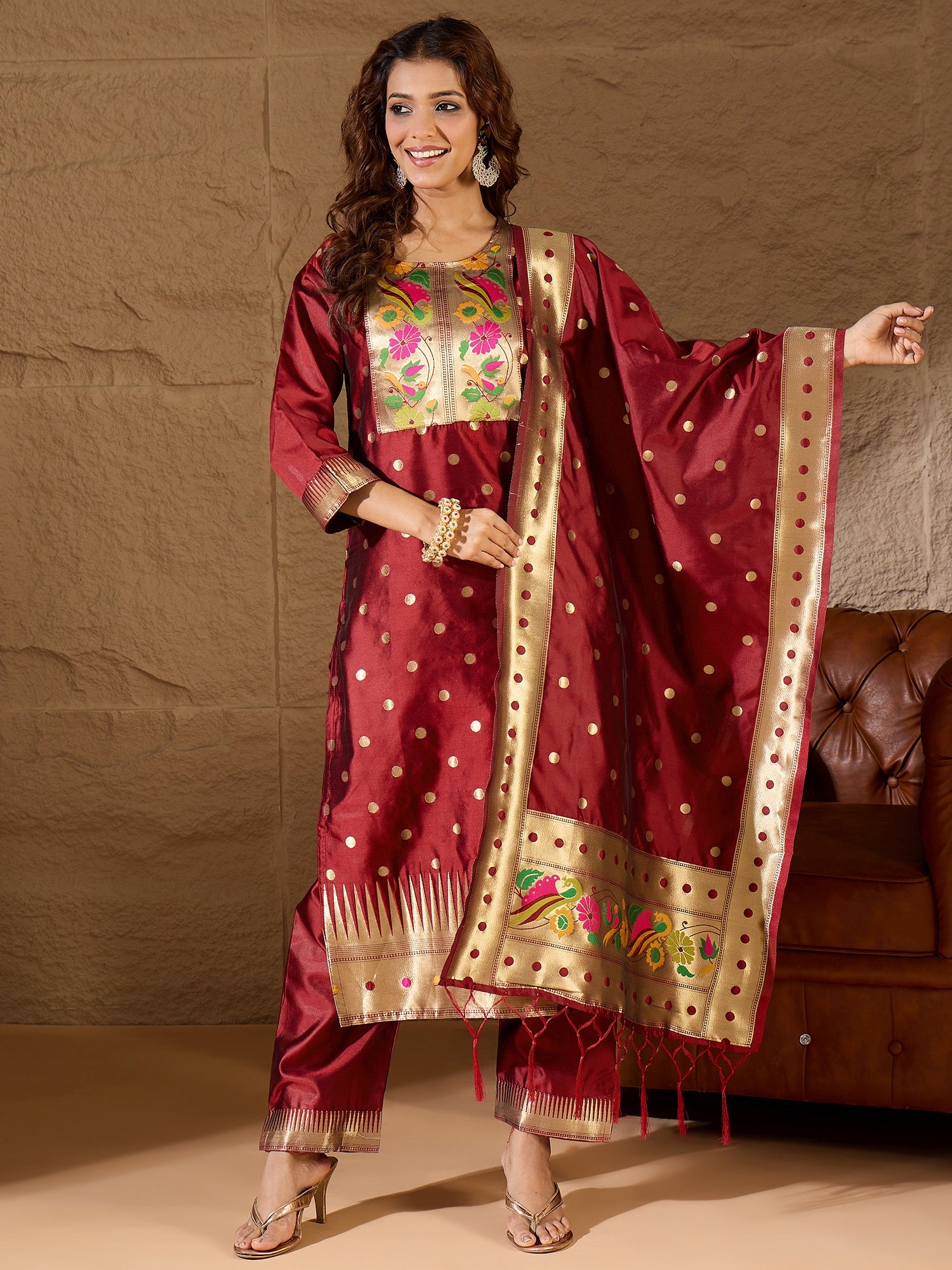 Aanira Maroon Cotton Silk Jacquard Kurta Pant With Banarasi Silk dupatta