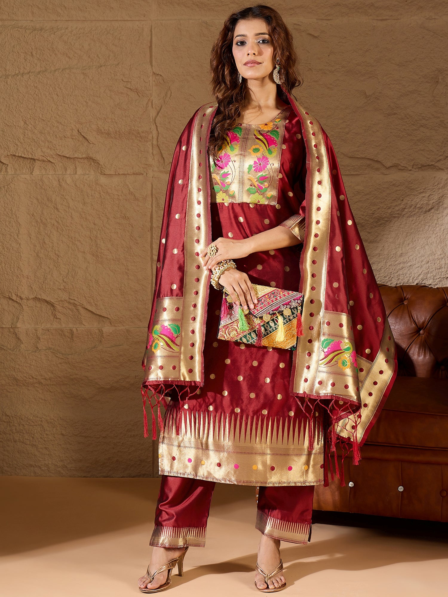 Aanira Maroon Cotton Silk Jacquard Kurta Pant With Banarasi Silk dupatta
