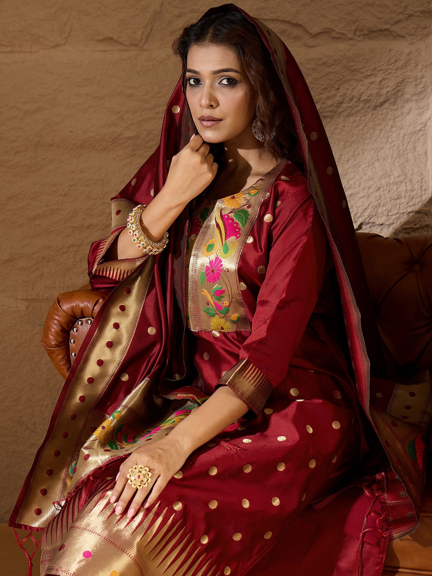 Aanira Maroon Cotton Silk Jacquard Kurta Pant With Banarasi Silk dupatta