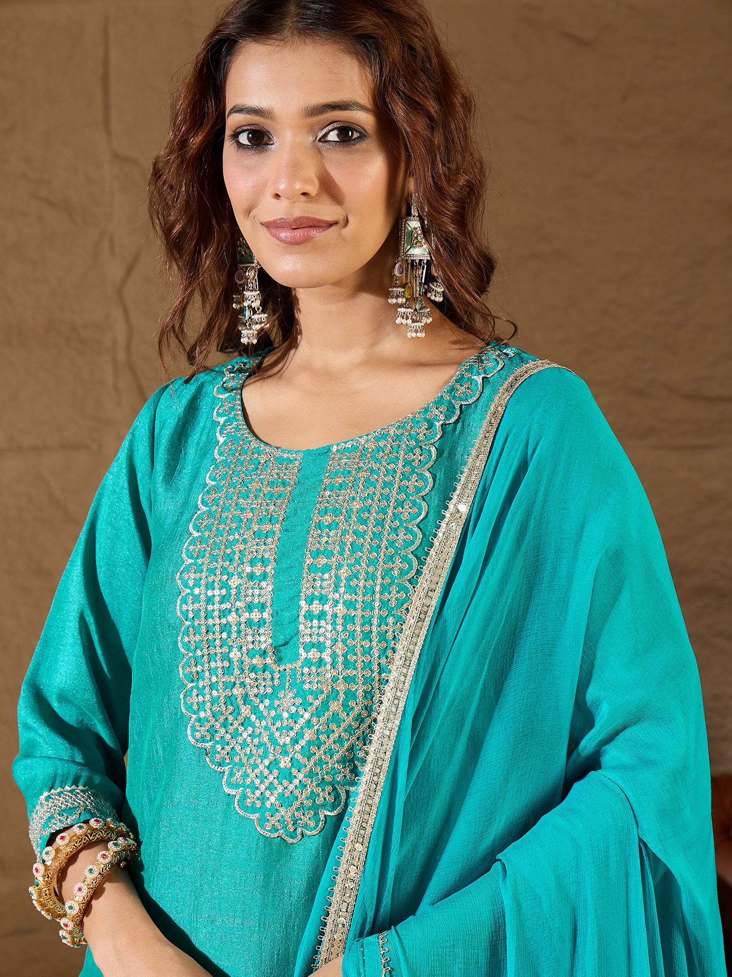 VredeVogel Bright Blue Silk Blend Yoke Design Kurta and Trousers Pant Set