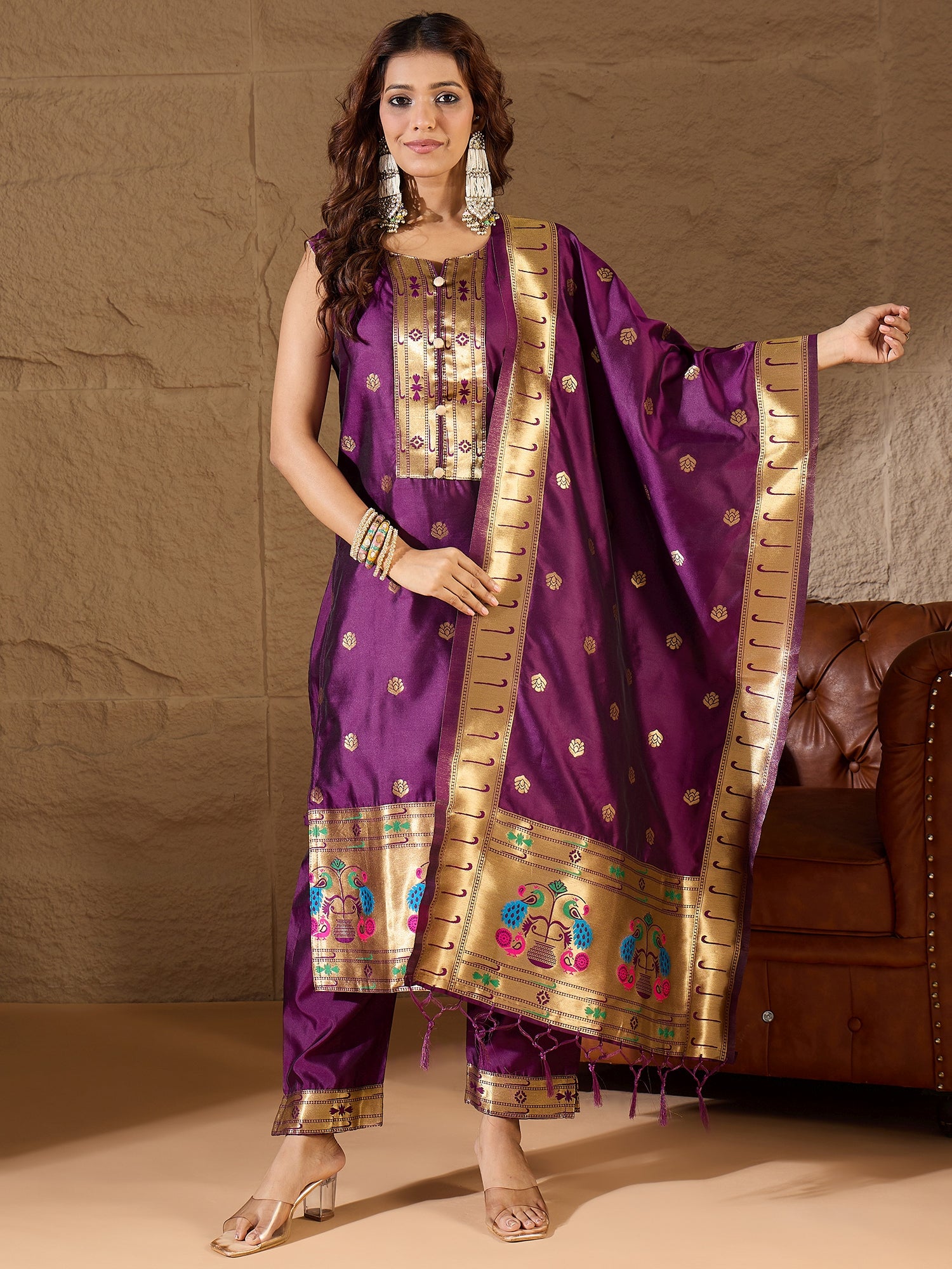 Shila Orchid Purple Meenakari Silk Jacquard Kurta Set Suits
