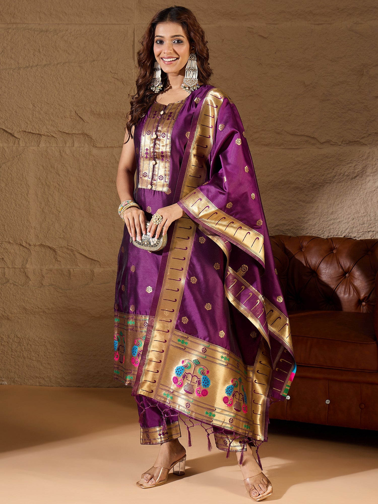 Misty Orchid Purple Meenakari Silk Jacquard Kurta Set Suits