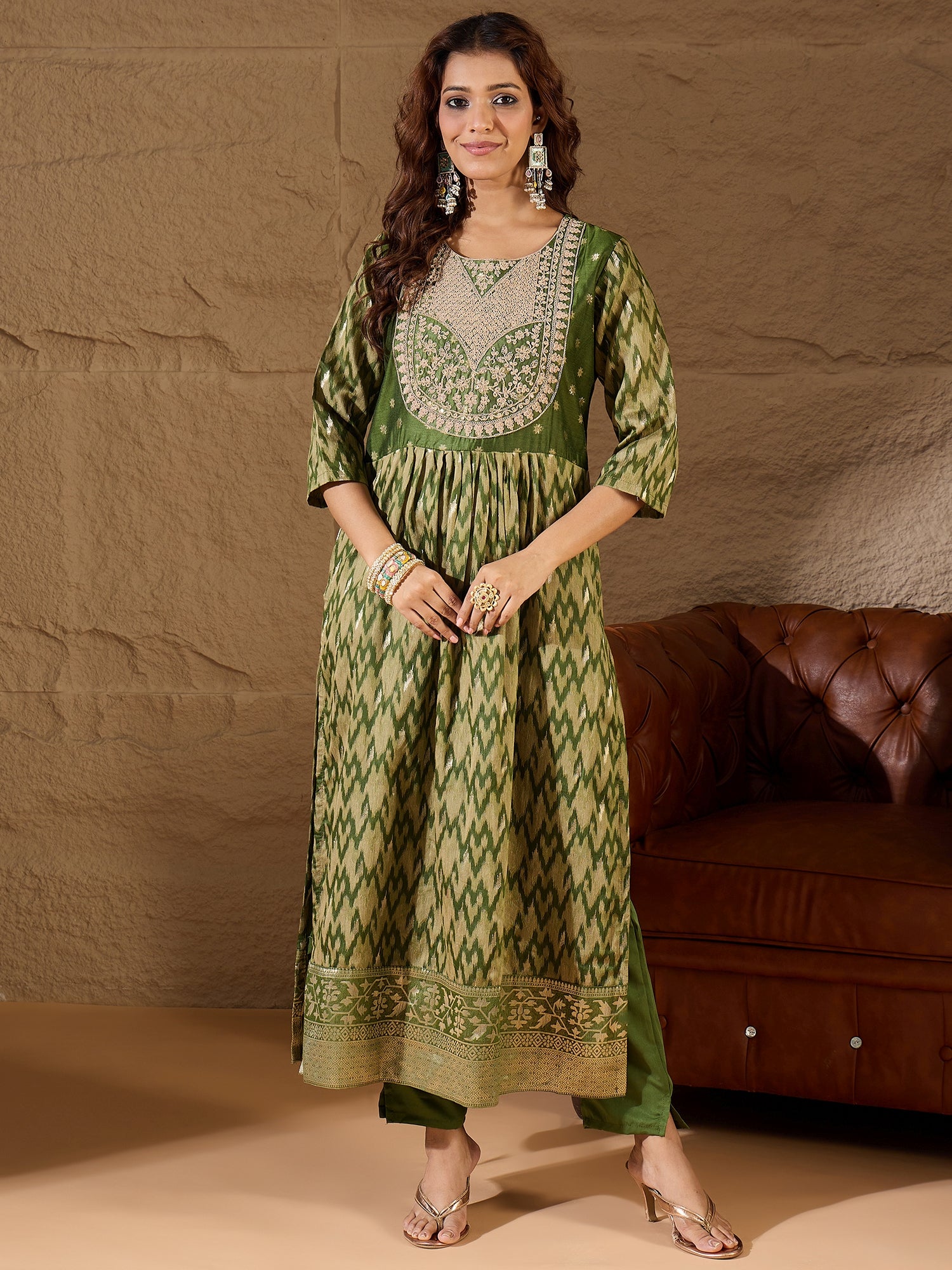 Saiyaara Mehndi Cotton Silk Embellished Flared Suit Set