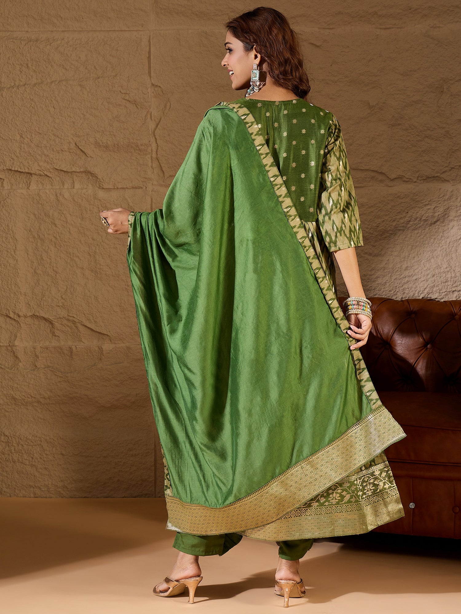 Saiyaara Mehndi Cotton Silk Embellished Flared Suit Set