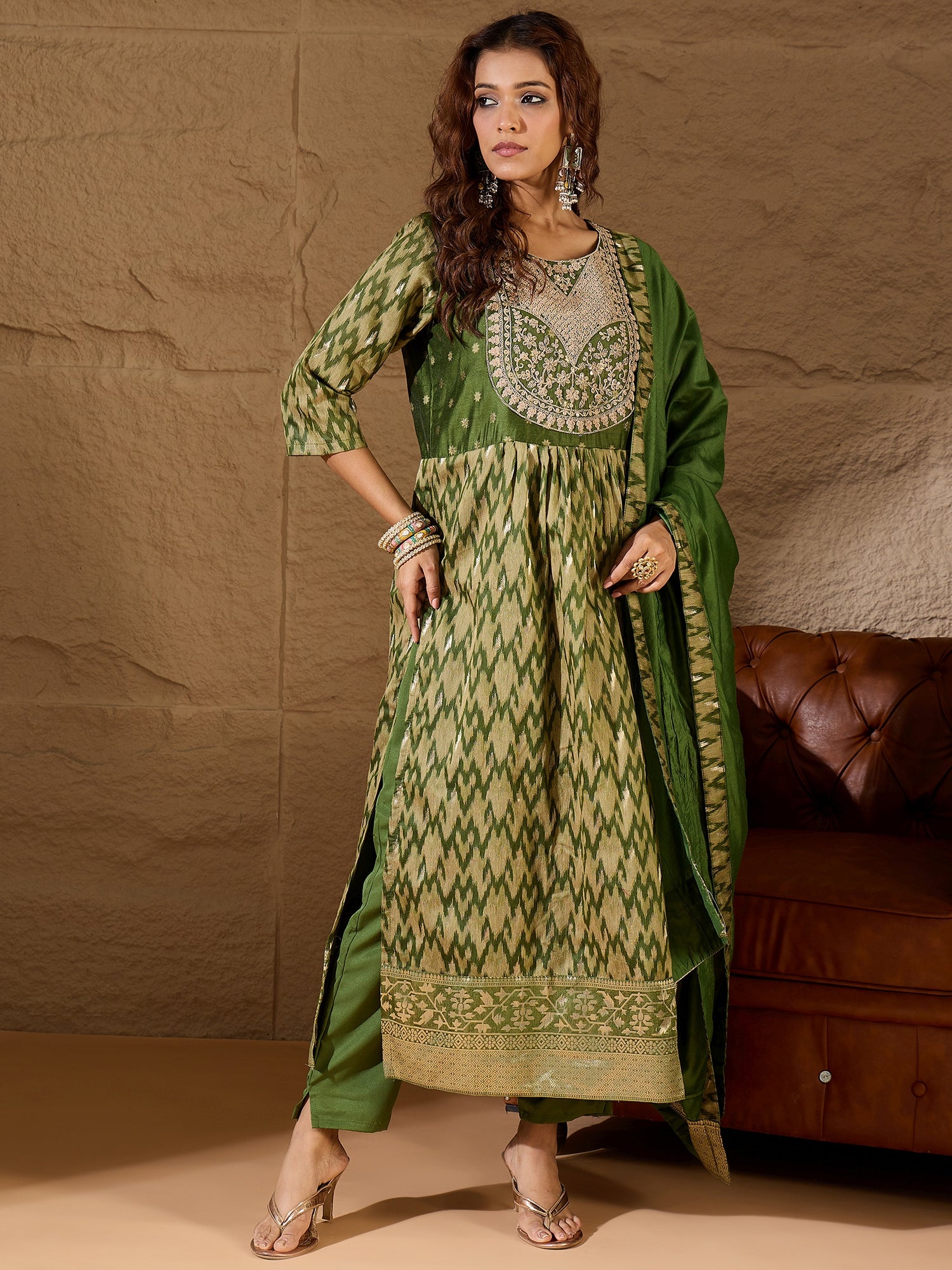 Saiyaara Mehndi Cotton Silk Embellished Flared Suit Set