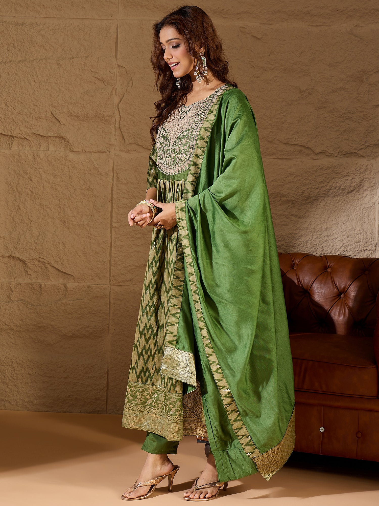 Saiyaara Mehndi Cotton Silk Embellished Flared Suit Set