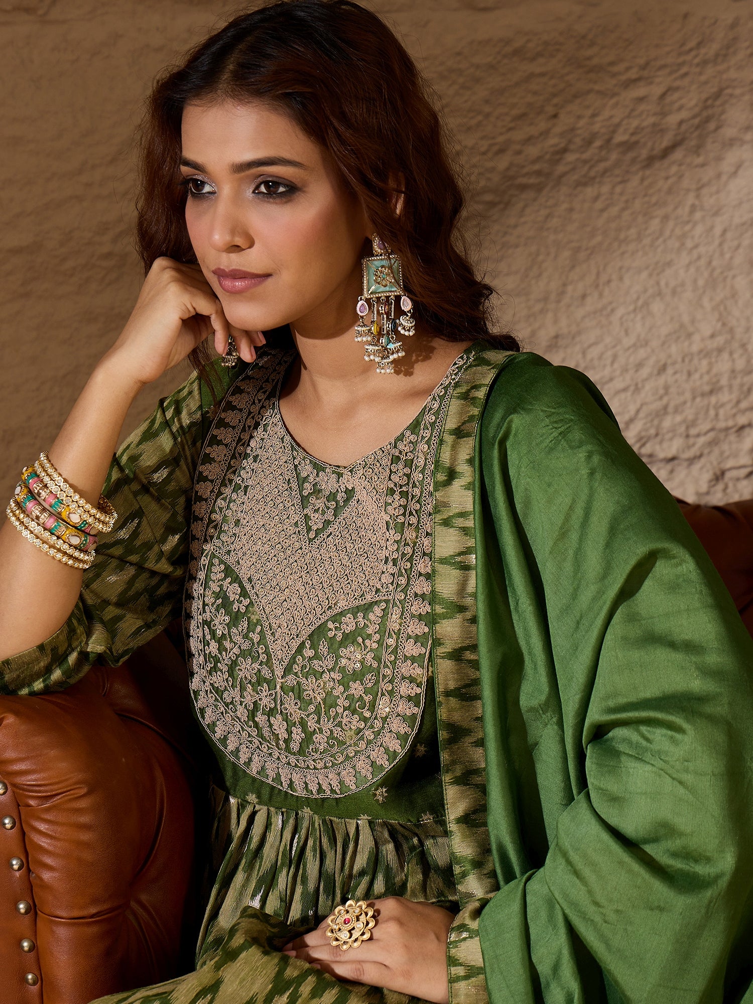 Saiyaara Mehndi Cotton Silk Embellished Flared Suit Set