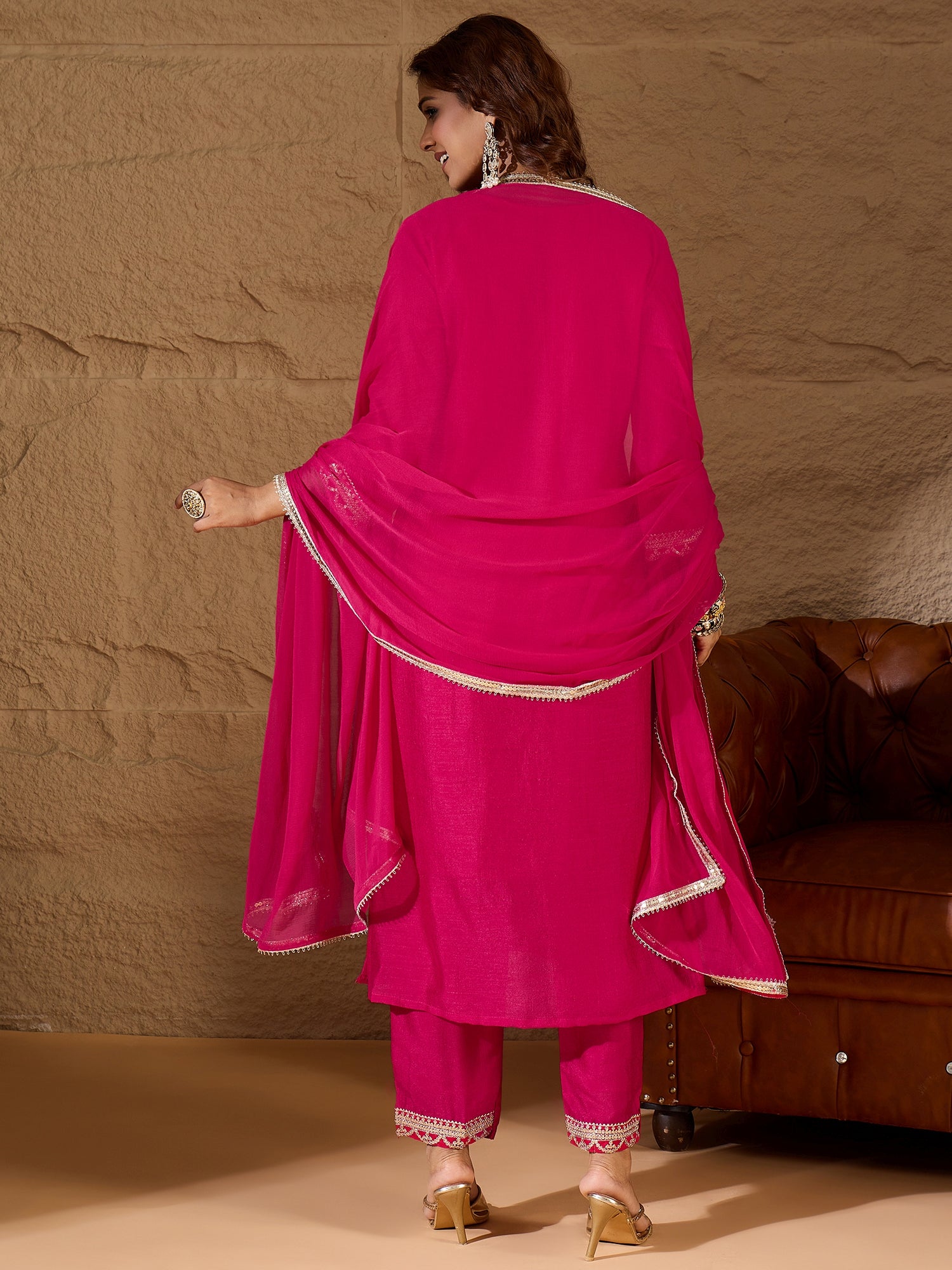 VredeVogel Pink Silk Blend Yoke Design Kurta and Trousers Pant Set