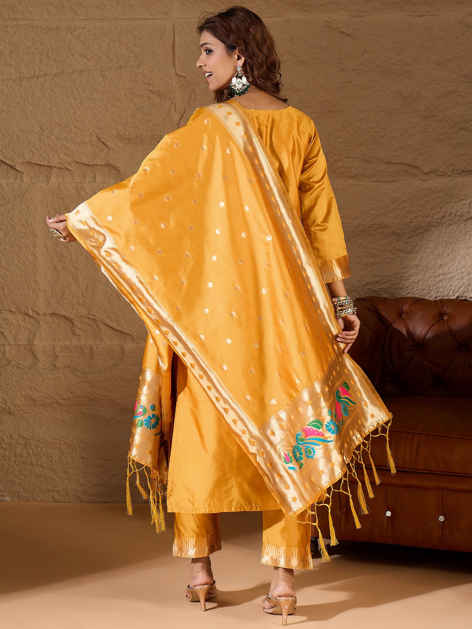 Aanira Yellow Cotton Silk Jacquard Kurta Pant With Banarasi Silk dupatta