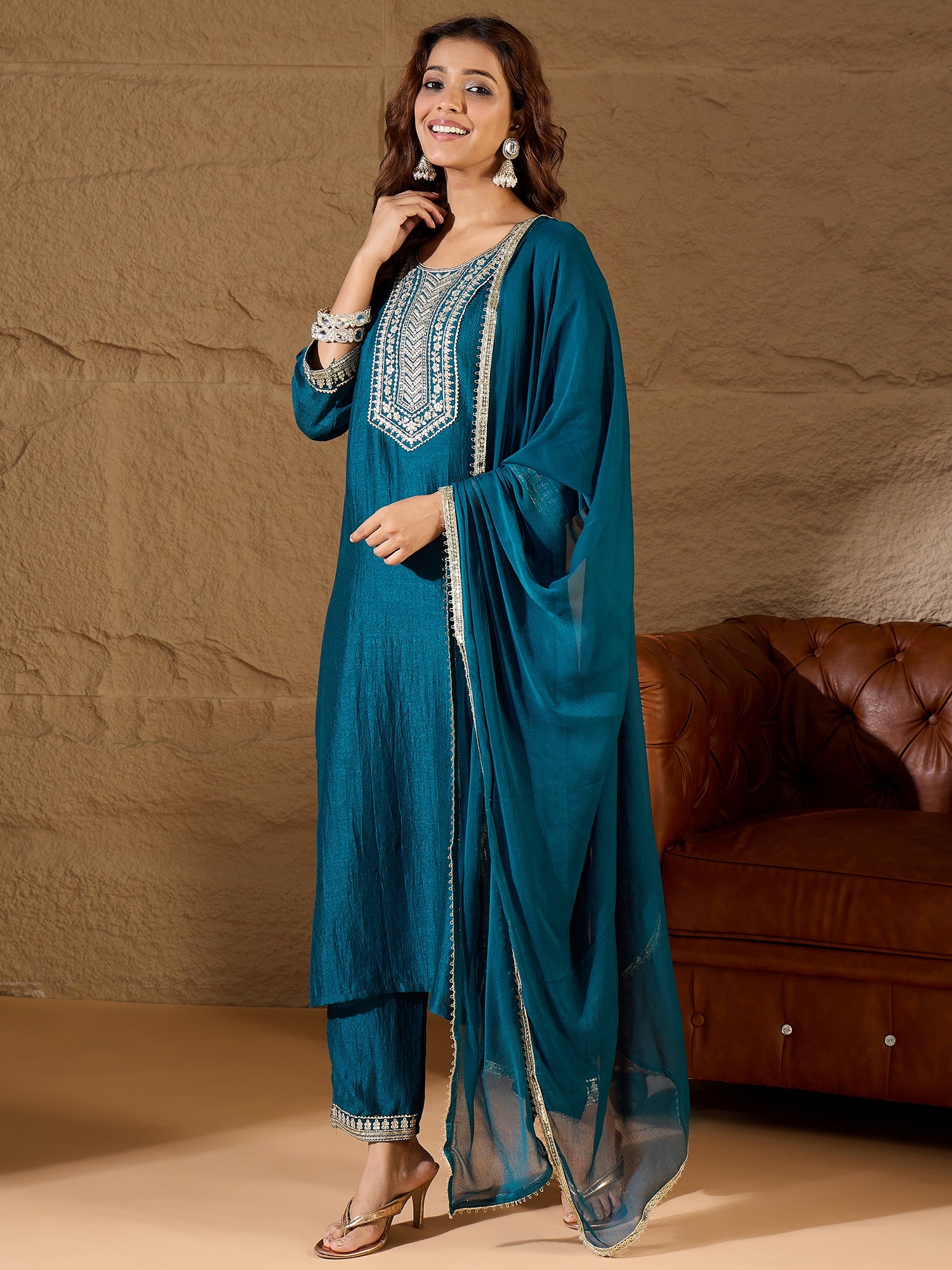 VredeVogel Silk Blend Yoke Design Kurta and Trousers Pant Set