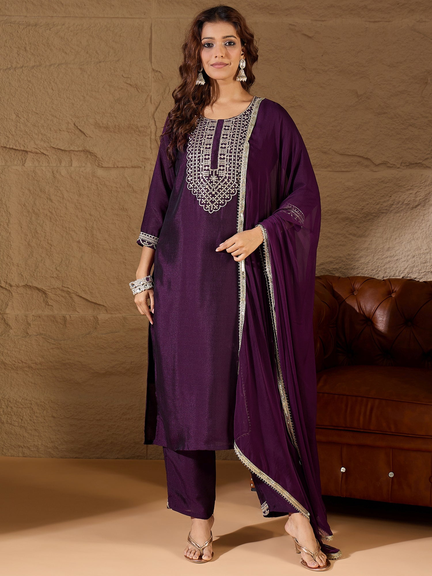 VredeVogel Purple Silk Blend Yoke Design Kurta and Trousers Pant Set