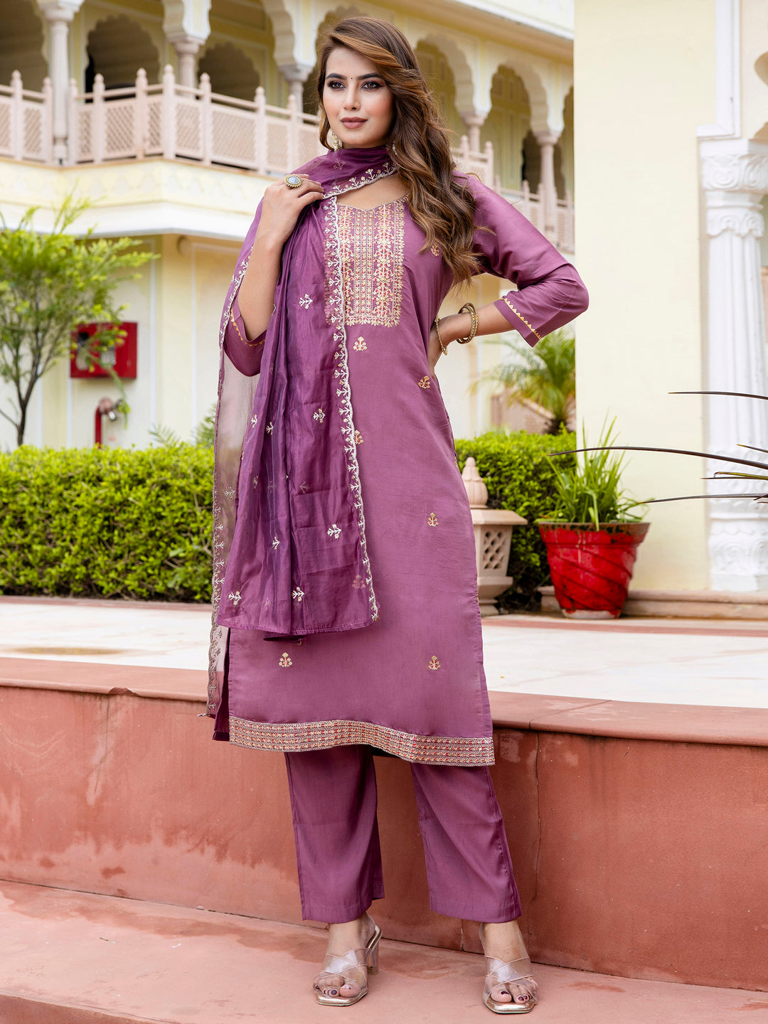VredeVogel Women's Embroidered Silk Blend Calf Length Straight Kurta with Palazzo & Dupatta Set