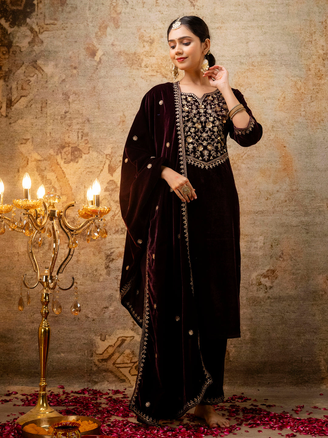 VredeVogel Women Velvet Kurta Pant Dupatta Set