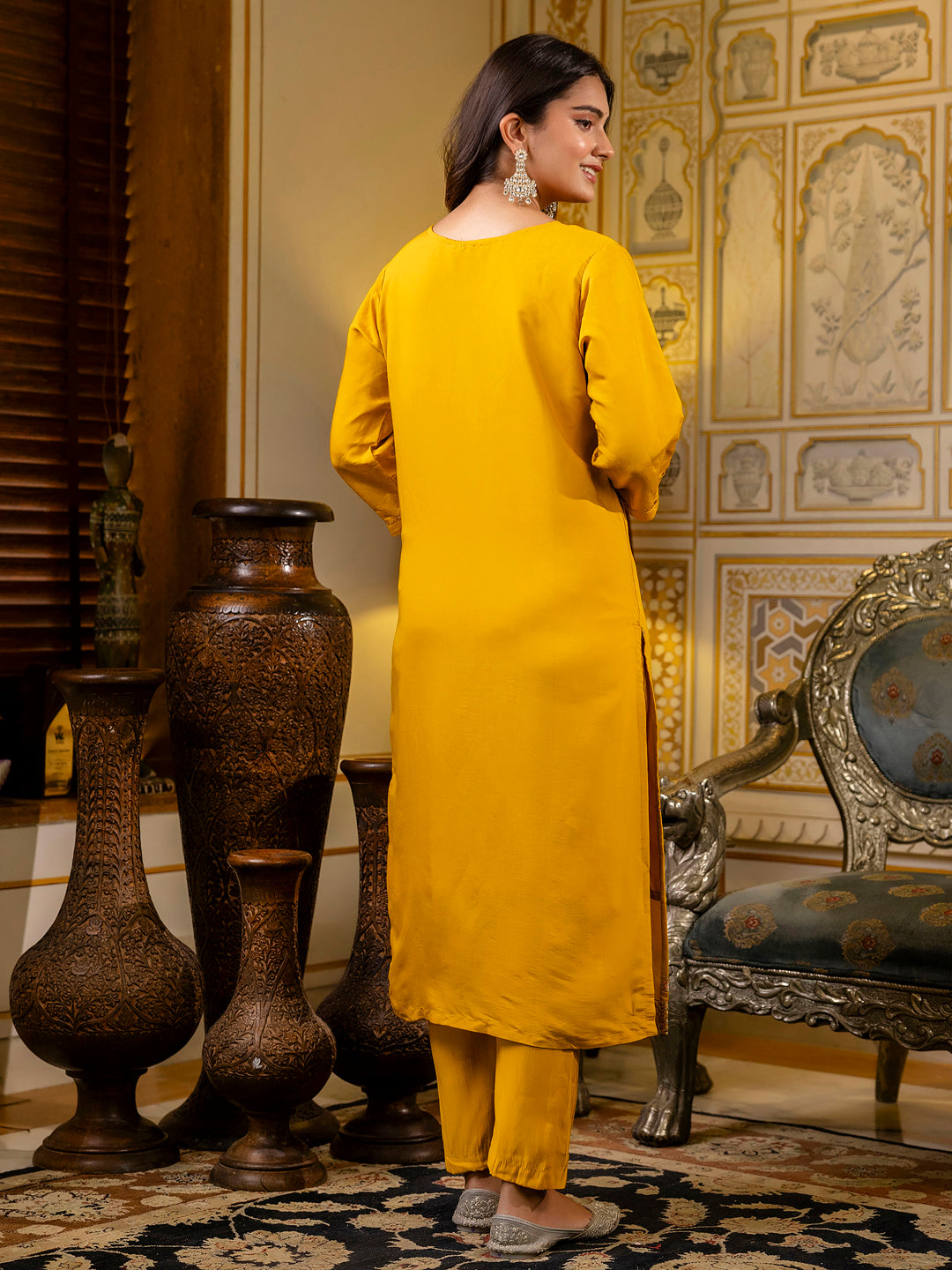 VredeVogel Women's Embroidered Silk Blend Calf Length Straight Kurta with Palazzo & Dupatta Set