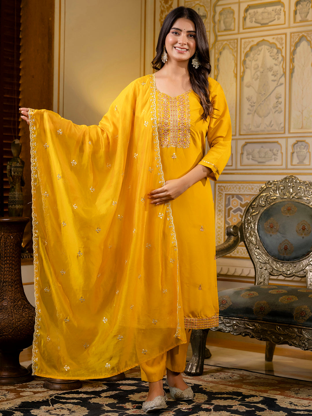 VredeVogel Women's Embroidered Silk Blend Calf Length Straight Kurta with Palazzo & Dupatta Set