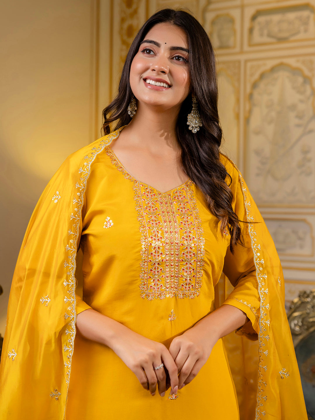 VredeVogel Women's Embroidered Silk Blend Calf Length Straight Kurta with Palazzo & Dupatta Set