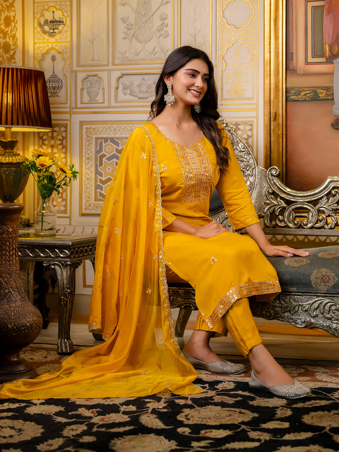 VredeVogel Women's Embroidered Silk Blend Calf Length Straight Kurta with Palazzo & Dupatta Set