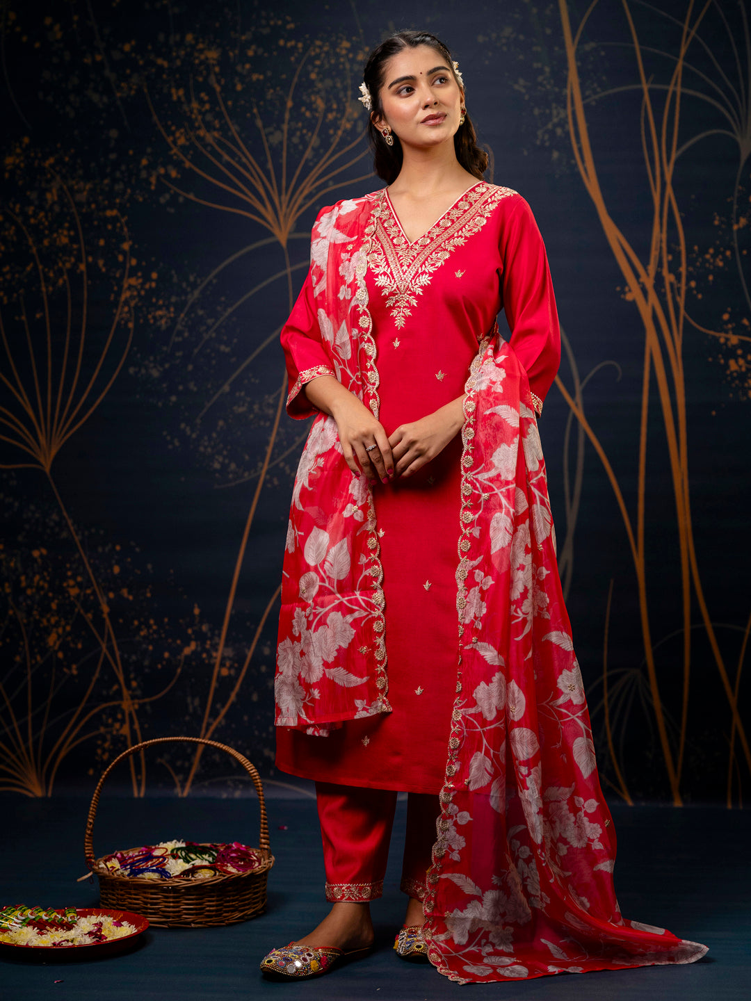 Durgesha Embroidered Silk Blend Straight Suit With Dupatta