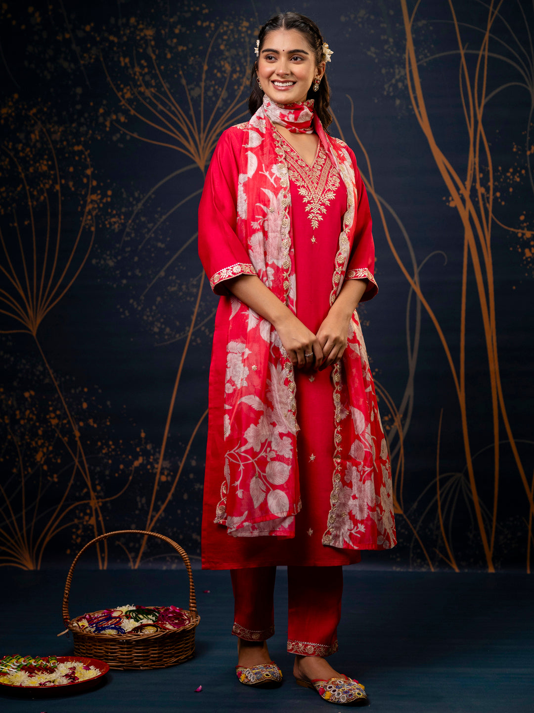 Durgesha Embroidered Silk Blend Straight Suit With Dupatta