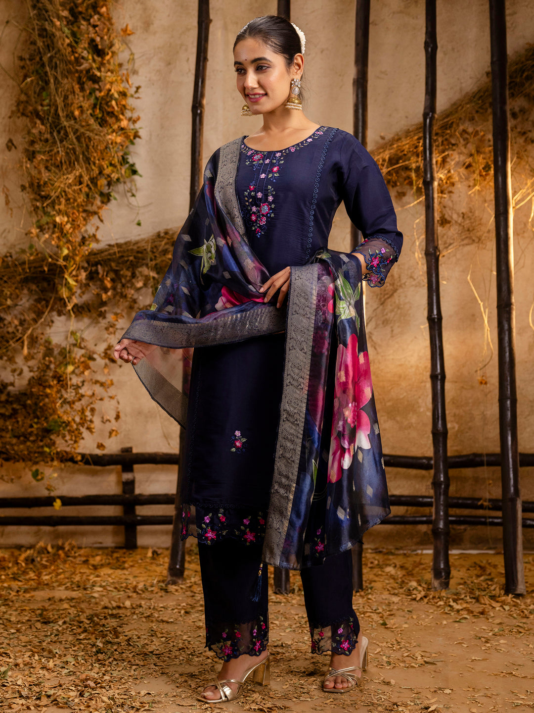Deepali Viscose Roman Silk Calf Length Kurta Set Dupatta