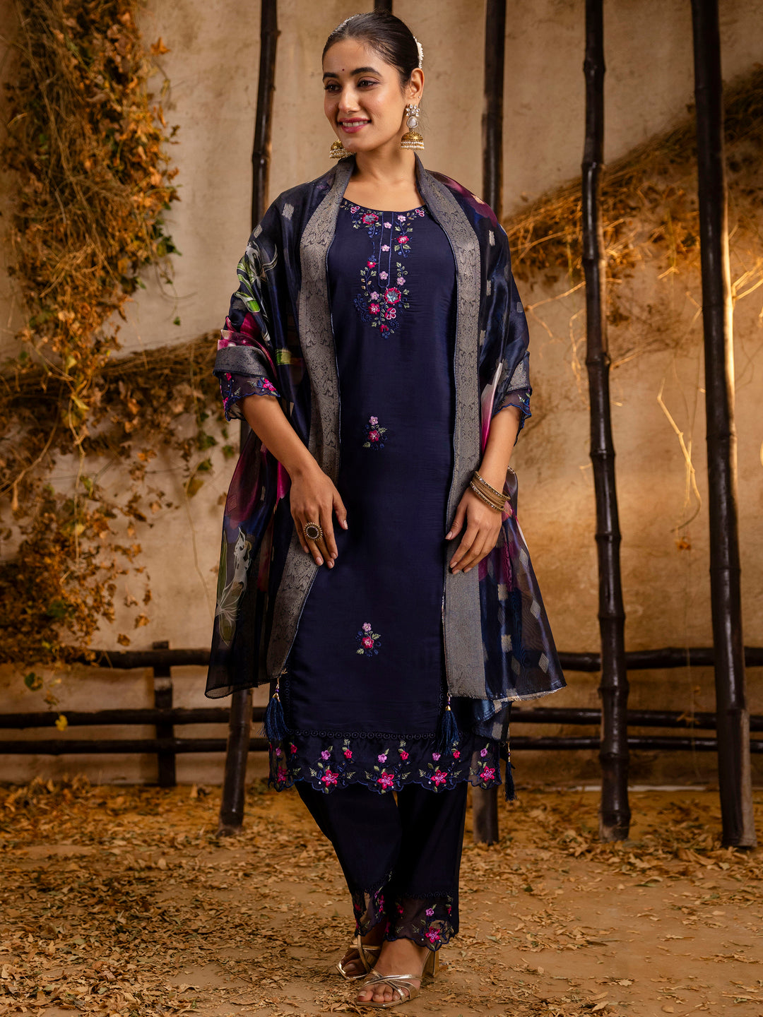 Deepali Viscose Roman Silk Calf Length Kurta Set Dupatta