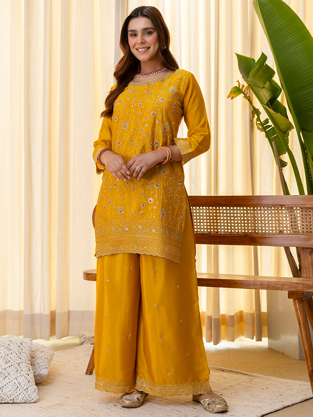 Mustard Silk Blend Embroidered with Sequins Straight Kurta Palazzo Dupatta Set