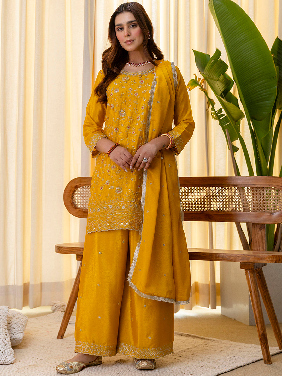 Vanya Women’s Mustard Festive Embroidered Yoke Straight Kurta Pant Set with Dupatta