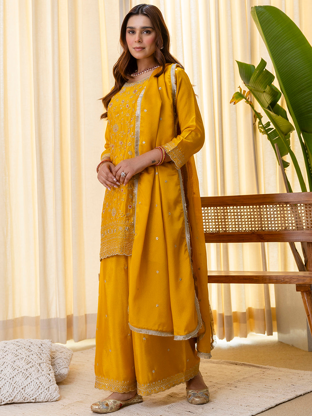 Vanya Women’s Mustard Festive Embroidered Yoke Straight Kurta Pant Set with Dupatta