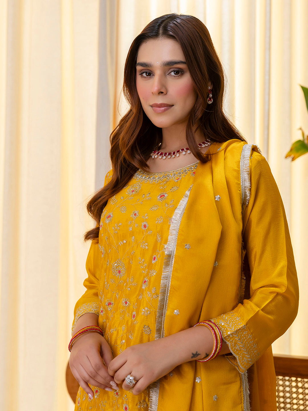 Vanya Women’s Mustard Festive Embroidered Yoke Straight Kurta Pant Set with Dupatta