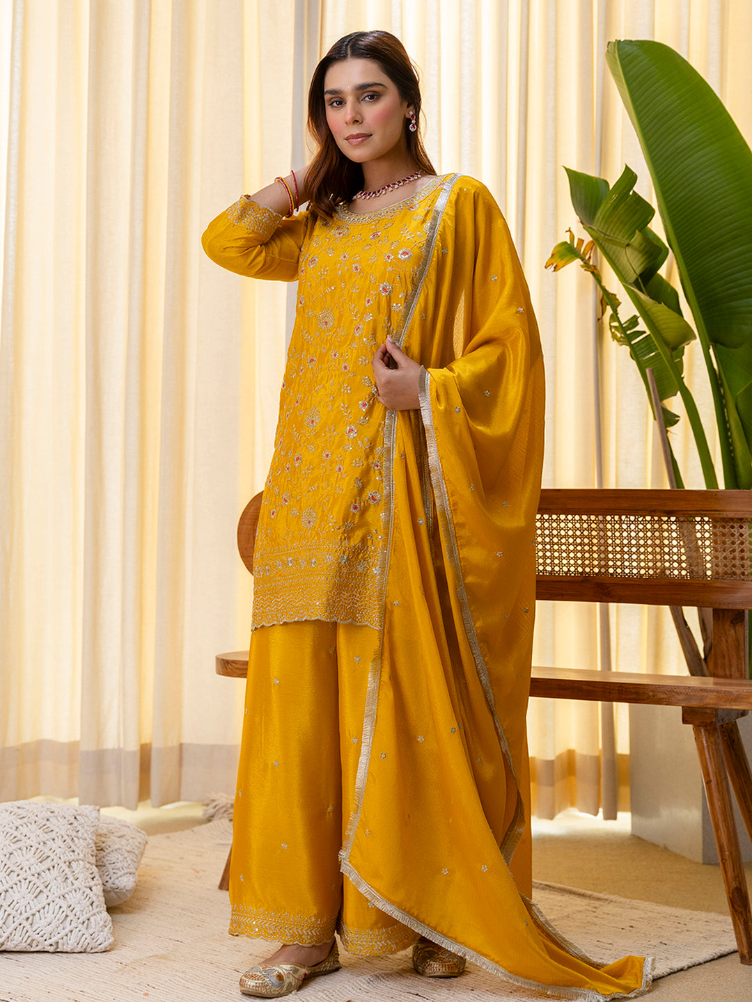 Vanya Women’s Mustard Festive Embroidered Yoke Straight Kurta Pant Set with Dupatta