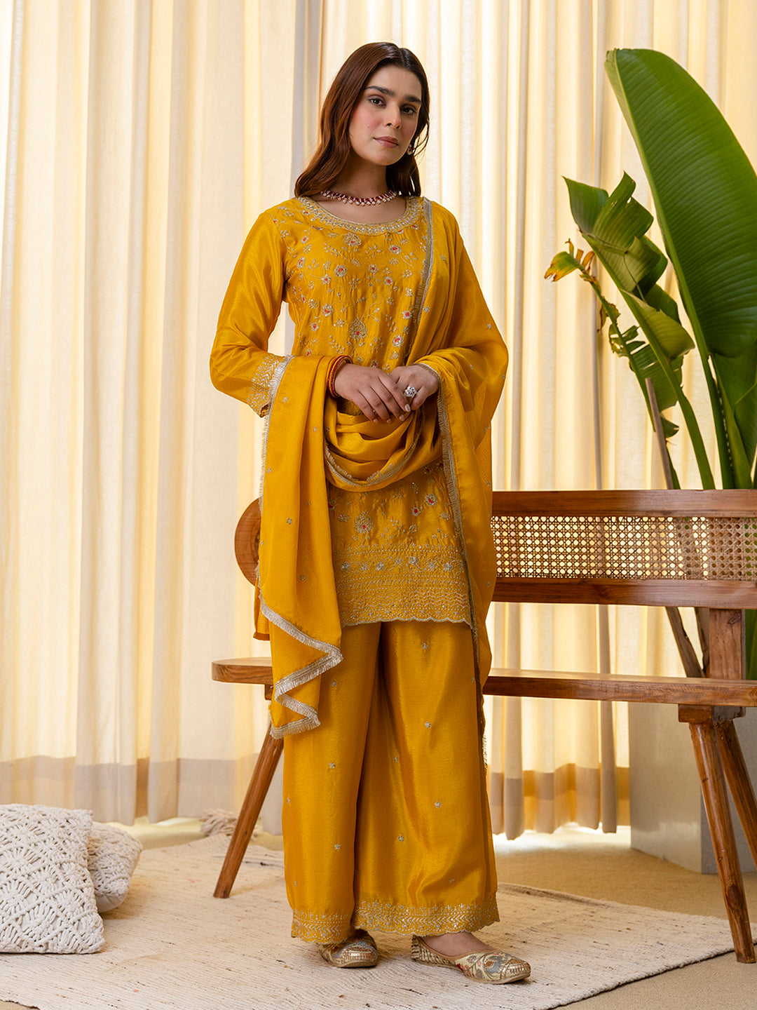 Mustard Silk Blend Embroidered with Sequins Straight Kurta Palazzo Dupatta Set