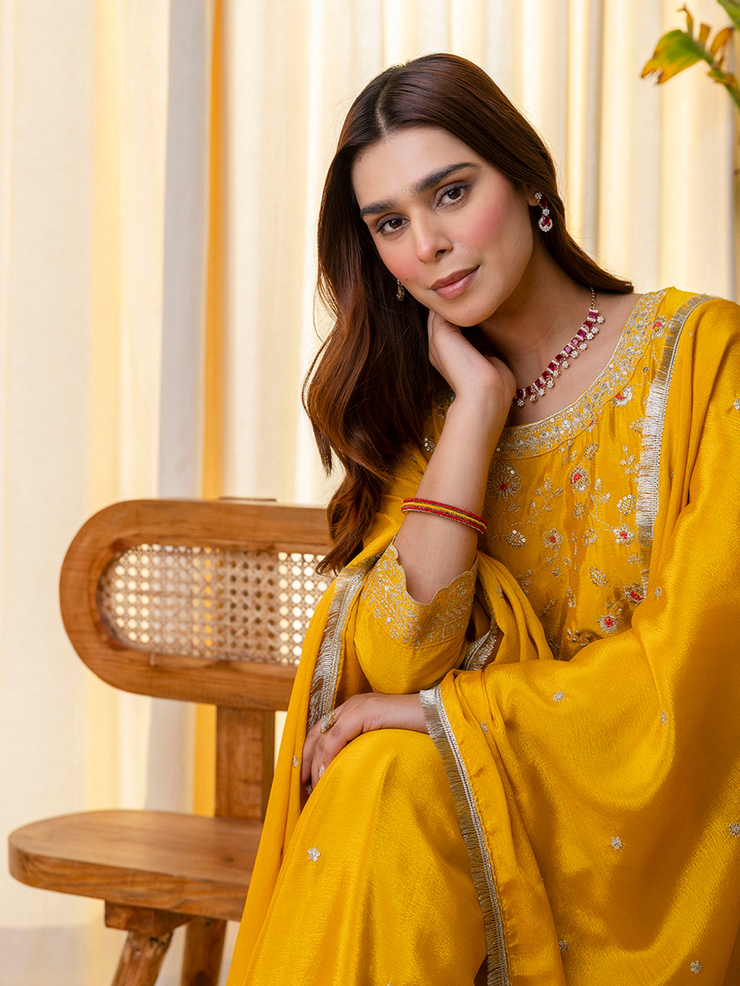 Vanya Women’s Mustard Festive Embroidered Yoke Straight Kurta Pant Set with Dupatta