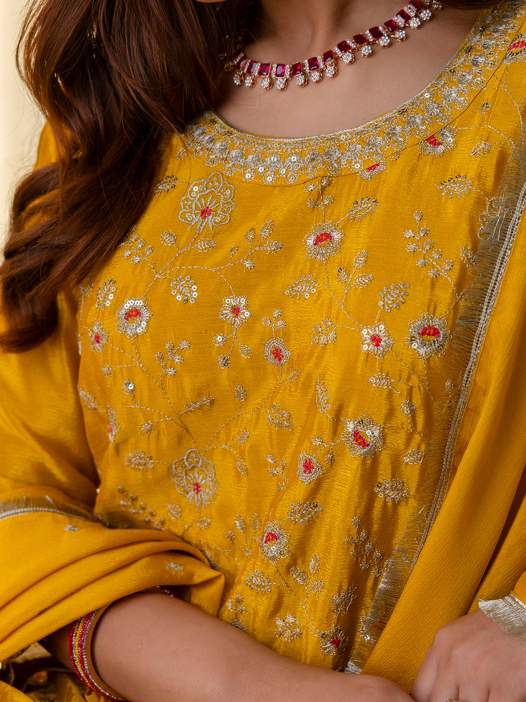 Vanya Women’s Mustard Festive Embroidered Yoke Straight Kurta Pant Set with Dupatta