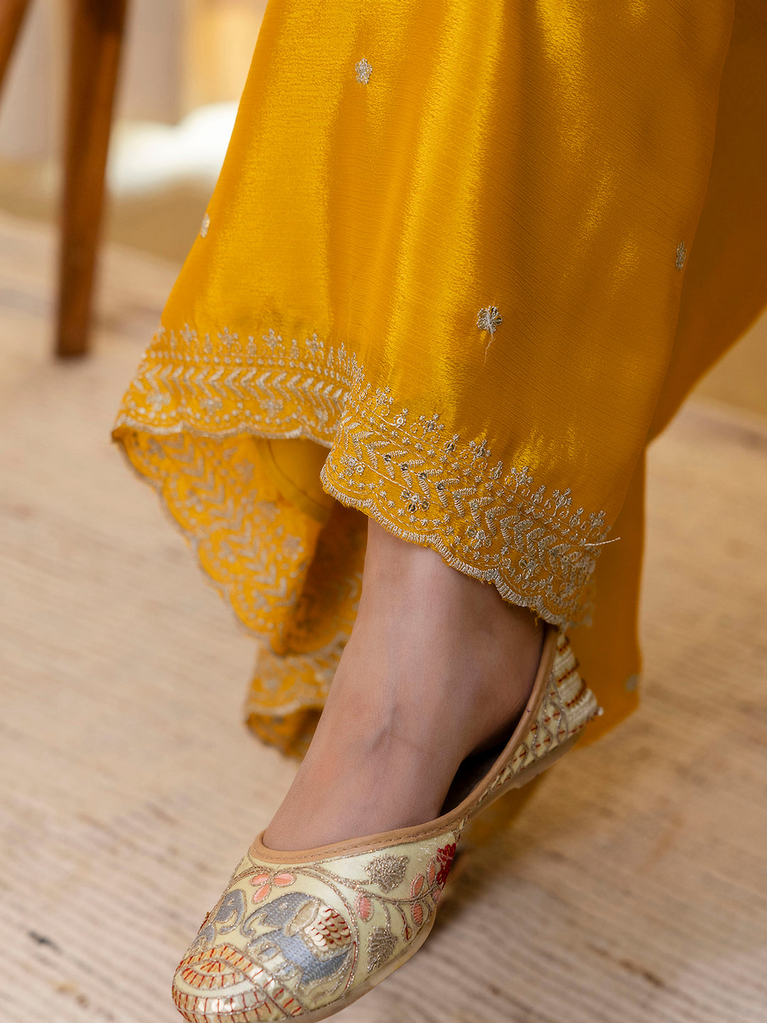 Mustard Silk Blend Embroidered with Sequins Straight Kurta Palazzo Dupatta Set