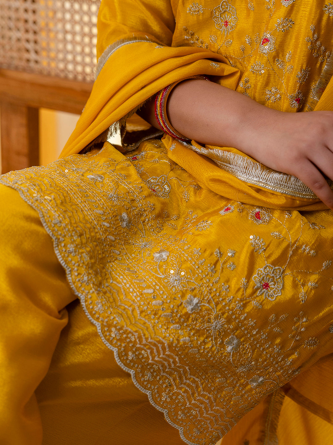 Vanya Women’s Mustard Festive Embroidered Yoke Straight Kurta Pant Set with Dupatta