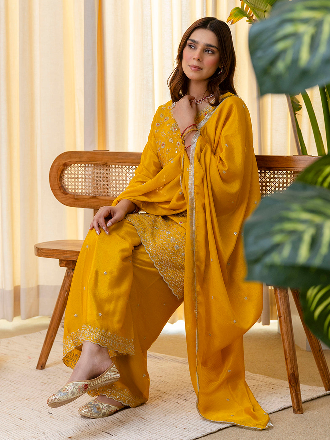 Vanya Women’s Mustard Festive Embroidered Yoke Straight Kurta Pant Set with Dupatta