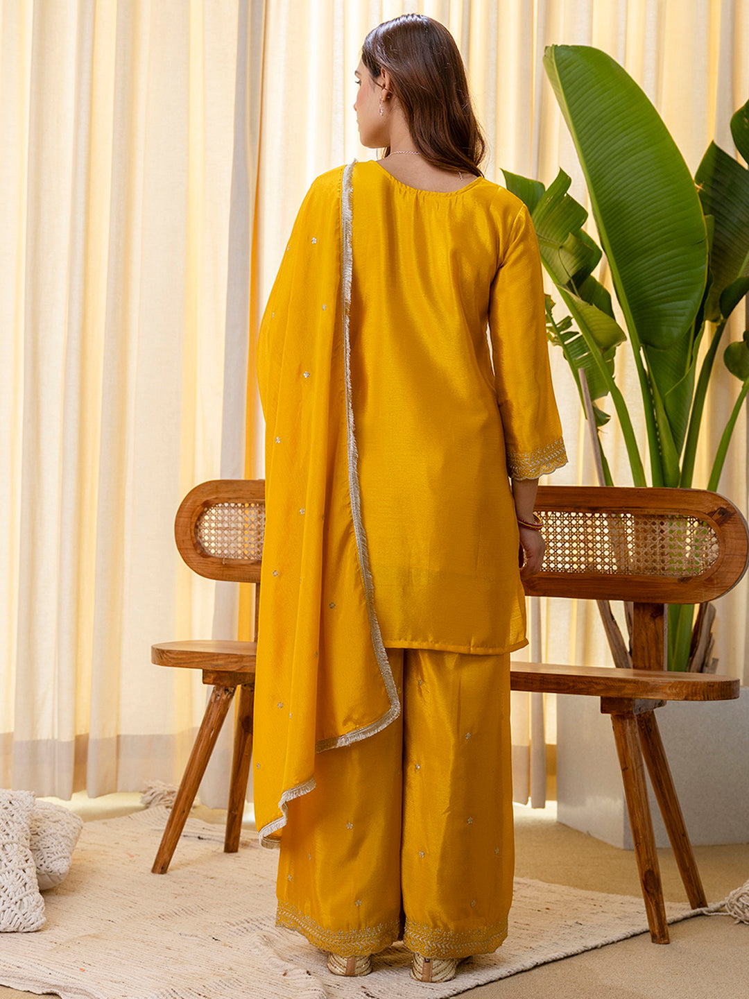 Mustard Silk Blend Embroidered with Sequins Straight Kurta Palazzo Dupatta Set