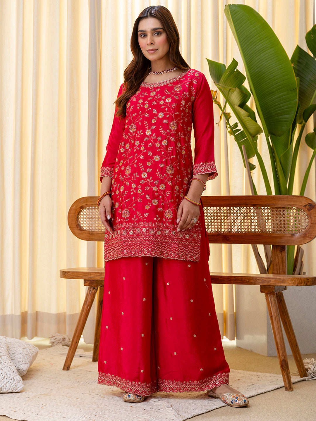 Elara Women’s Rani Festive Embroidered Straight Kurta Pant and Dupatta Set