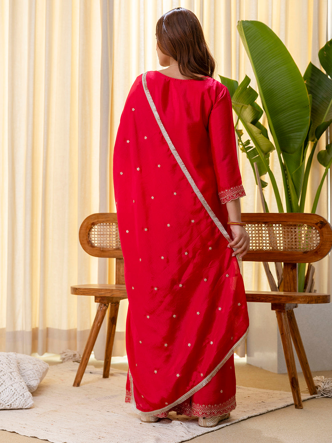 Rani Pink Silk Blend Embroidered with Sequins Straight Kurta Palazzo Dupatta Set