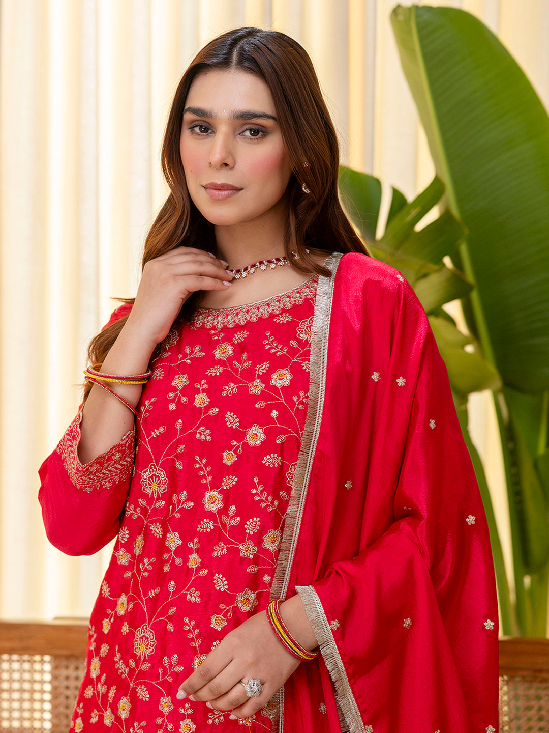 Elara Women’s Rani Festive Embroidered Straight Kurta Pant and Dupatta Set